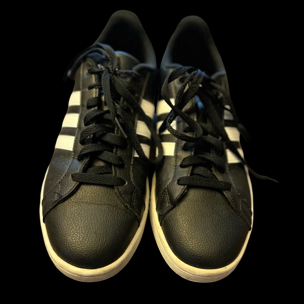 Adidas black with white stripes - men's 10.5 - good used condition